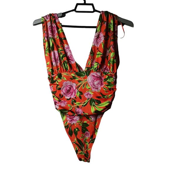 Zara Womens Rose Floral Printed Draped Bodysuit High Cut Medium New - Picture 11 of 13